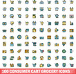© ylivdesign - 100 consumer cart grocery icons set. Color line set of consumer cart grocery vector icons thin line color flat on white