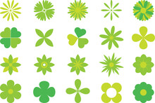 Flower Icons Eco Set. Green Leaves Nature Flat Design Elements. Organic Environment Badges. Ecology Sticker Collection Isolated On White Background