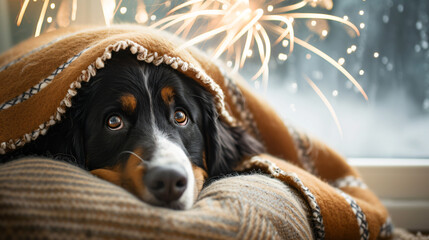 dog hiding under a blanket afraid of fireworks