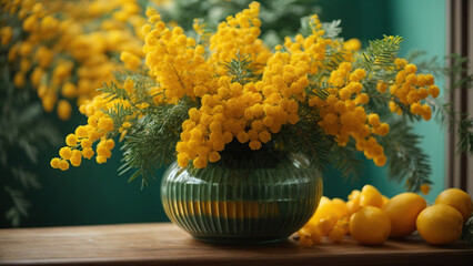 Wall Mural - Bouquet of mimosa in an antique vase on a dark background