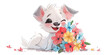 cute puppy happily clutching a bouquet of bright spring flowers, exuding joy and congratulating you on Women's Day, isolated on a white background.