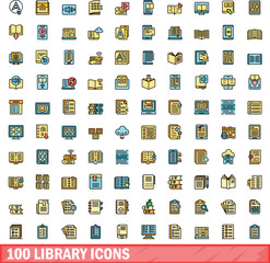 Poster - 100 library icons set. Color line set of library vector icons thin line color flat on white