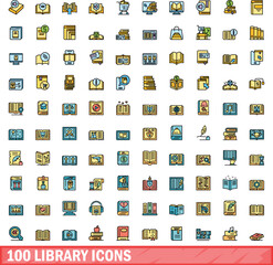 Poster - 100 library icons set. Color line set of library vector icons thin line color flat on white