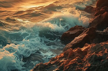 Wall Mural - Sunset at the Ocean Shore, Waves Crashing Against Rocks, Golden Hour by the Sea, Rocky Cliffside Meets the Ocean.