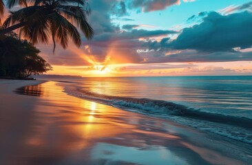 Wall Mural - Sunset at the Beach, Golden Hour on the Shore, Serene Ocean Scene with Palm Trees, Calming Sunset Over Sandy Beach.