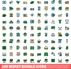 Poster - 100 money bundle icons set. Color line set of money bundle vector icons thin line color flat on white