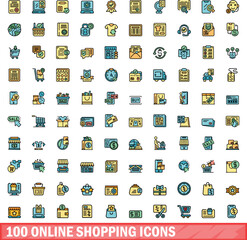 Poster - 100 online shopping icons set. Color line set of online shopping vector icons thin line color flat on white
