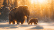 A majestic mammoth and its adorable offspring trekking through pristine snow under the bright morning sun