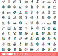 Poster - 100 science icons set. Color line set of science vector icons thin line color flat on white