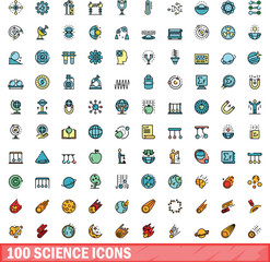 Poster - 100 science icons set. Color line set of science vector icons thin line color flat on white