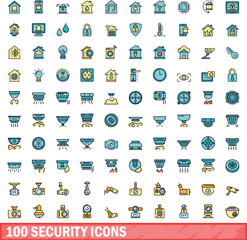 Poster - 100 security icons set. Color line set of security vector icons thin line color flat on white