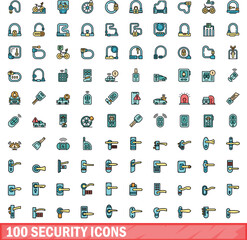 Poster - 100 security icons set. Color line set of security vector icons thin line color flat on white