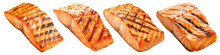 Set of different grilled salmon fillet isolated on a white or transparent background. Grilled seafood. Close-up of salmon or trout fillet with grill marks. BBQ season, design element. Side view