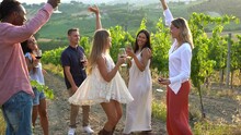 Multiracial friends having fun dancing inside wine yard during summer time - Young people enjoy vine tasting outdoor 