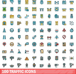 Poster - 100 traffic icons set. Color line set of traffic vector icons thin line color flat on white