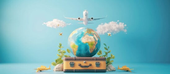 Rendering 3d airplane flight trip planning world tour with suitcase and globe map. AI generated image