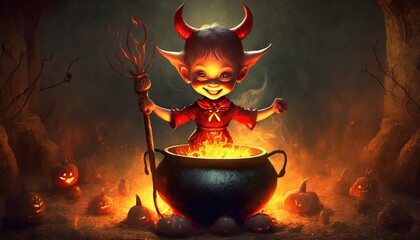 a fiery cauldron with a little devil