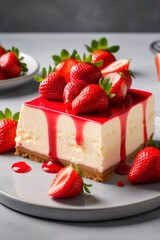 Wall Mural - Tasty cheesecake with strawberry on a light grey stone background.