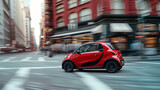 Fototapeta Uliczki - A compact city car navigating through narrow bustling streets of an old European town highlighting agility and practicality.