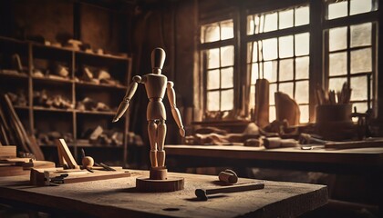 carpentry workshop with wooden mannequin