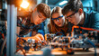 A competitive robotics team working together in a workshop building and programming robots.