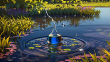Closeup Of Lush Serene Pond With Large Reflective Drop Of Water