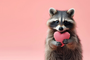 Wall Mural - Beautiful cute raccoon holding a plush heart on a pink background with space for your text