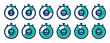 Stopwatch timer set of 12 in cyan color 5-minute clock on white background. Set of timers. Stopwatch icons. Countdown 5, 10, 15, 20, 25, 30, 35, 40, 45, 50, 55, 60 minutes - Vector Icon