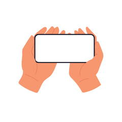 Poster - Hand holding mobile smart phone screen mockup, watching video. Flat vector isolated on white