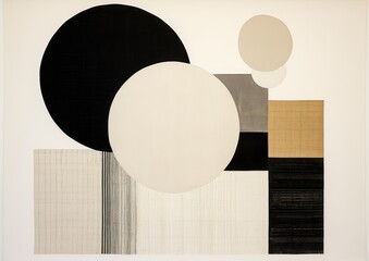 Poster - A visually striking painting showcasing black and white circles and lines interacting on the canvas.