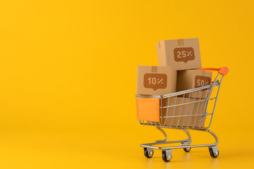 For products with cardboard boxes in it on a yellow background the concept of discounts and promotions