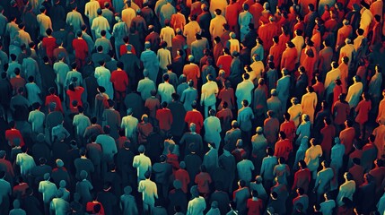 Wall Mural - Overhead view of a dense crowd of people, captured in a sea of vibrant colors, signifying diversity and community in a populous setting.
