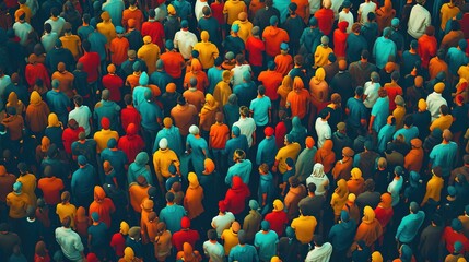 Wall Mural - An overhead shot capturing a multitude of people in a crowd, showcasing a tapestry of colorful clothing, embodying diversity and unity in a large group.