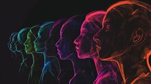 A Sequential Lineup Of Side Profiles With A Gradient Neon Outline, Artistically Displayed On A Black Background For Dramatic Effect.