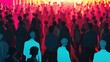 Silhouettes of a diverse crowd illuminated by neon lights at a lively nighttime social event, depicting urban life and community.