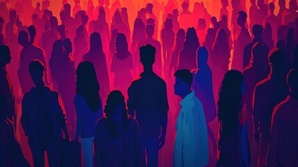 Wall Mural - An illustrated crowd of diverse individuals silhouetted against a warm, colorful backdrop, symbolizing community and social interaction.