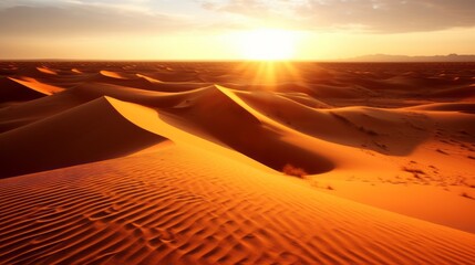 Beautiful summer deesert with tall sand dunes at sunset. Sahara desert landscape with from above. Aerial shot of summer drought lands. Huge sand dunes. Drone shot nature composition. .