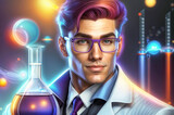 Fototapeta Tulipany - A man wearing glasses and a lab coat is holding a beaker filled with a purple liquid. He is surrounded by colorful lab equipment and glowing orbs.