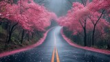 Fototapeta Uliczki - A road with pink trees on both sides of it