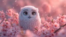 A White Owl Sitting In A Field Of Pink Flowers