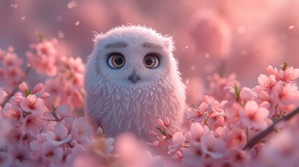 Canvas Print - A white owl sitting in a field of pink flowers