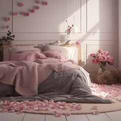 Wall Mural - A bedroom with a bed covered in pink flowers