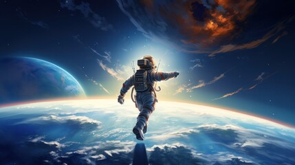 An astronaut is floating in space between two planets. The astronaut is dressed in a spacesuit and is looking towards the right.