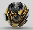 3d render of abstract art with surreal 3d organic alien ball bubble or sphere in curve wavy smooth and soft biological organic lines forms in black glass and metal gold core inside on grey background