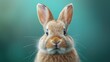 Close-up portrait of a funny rabbit against a turquoise background