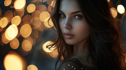 Wall Mural - A woman posing in front of lights, wavy, dark gray and amber. bokeh