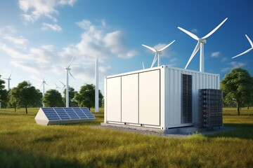 Modern battery energy storage system with wind turbines and solar in grass fields, batteries for green energy storage, wind and solar energy