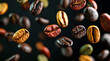 coffee beans with different colours floating above a 