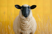 A sheep With Black And White Striping Standing Above Yellow Grass And Big Space, Generative AI.