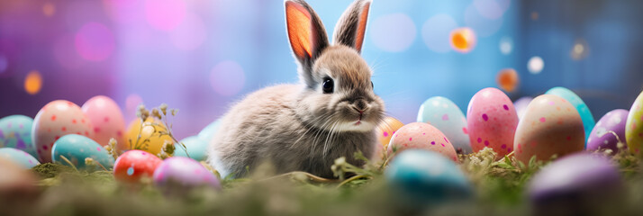 Wall Mural - Bunny with Easter eggs banner. Panoramic web header. Wide screen wallpaper